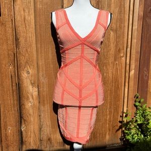 NWT Stretta Orange/ Pink Bandage Body-con Warp V Neck Dress Sz Small